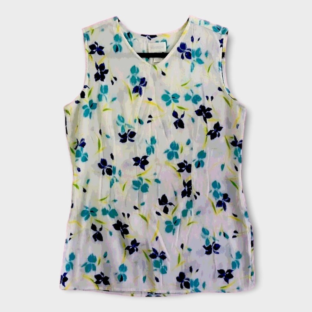 2000s Silverleaf White Floral Blue Toned Print Sleeveless Blouse size Lrg